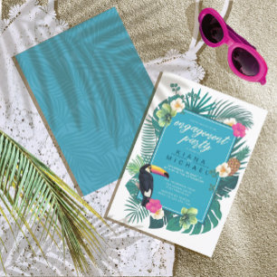 Invitación Acuarela Tropical con Toucan Engagement Verde azul