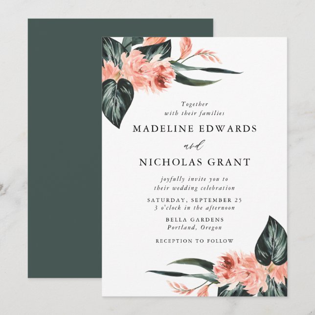 Invitación Acuarela Tropical Coral Floral Bouquet Boda (Anverso / Reverso)