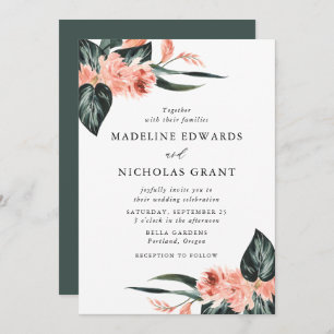 Invitación Acuarela Tropical Coral Floral Bouquet Boda