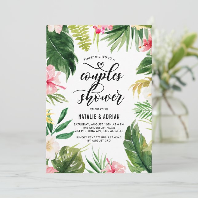 Invitación Acuarela Tropical De Marco Floral Ducha De Parejas (Anverso de pie)