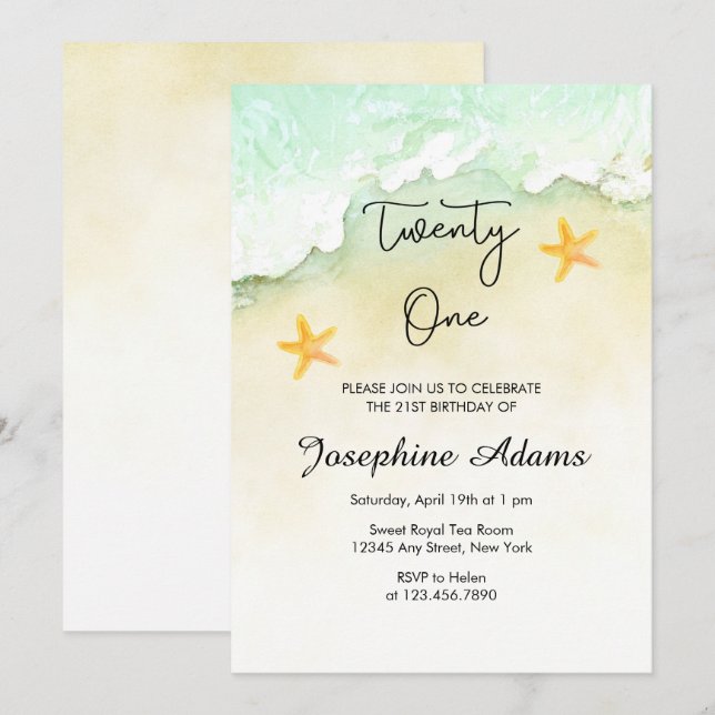Invitación Acuarela tropical de Ocean Beach 21º cumpleaños (Anverso / Reverso)
