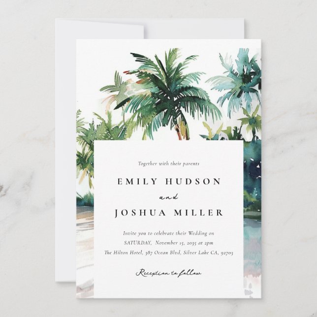 Invitación Acuarela tropical de playa todo en un Boda (Anverso)