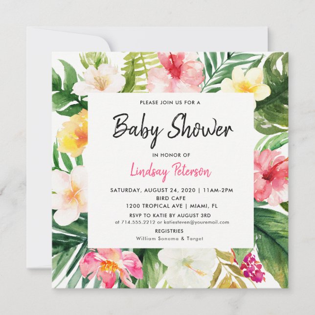 Invitación Acuarela tropical deja Baby Shower cuadrado (Anverso)