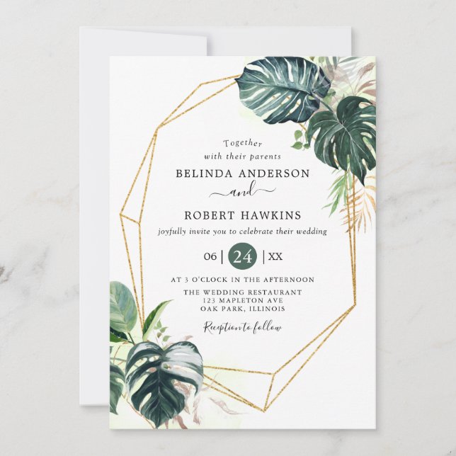 Invitación Acuarela tropical deja Boda de marco dorado (Anverso)