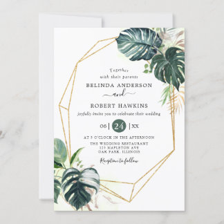 Invitación Acuarela tropical deja Boda de marco dorado