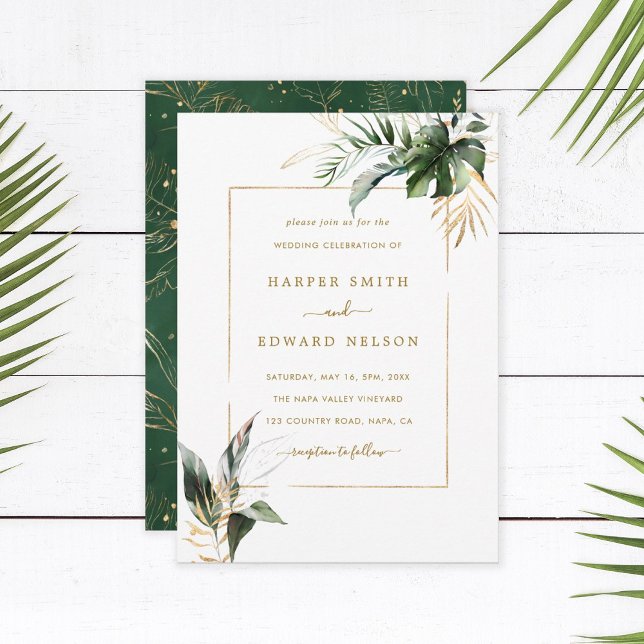 Invitación Acuarela tropical deja Boda de marco dorado (Subido por el creador)