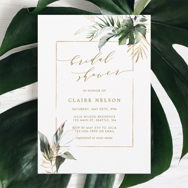 Invitación Acuarela tropical deja ducha de novia dorada (Subido por el creador)