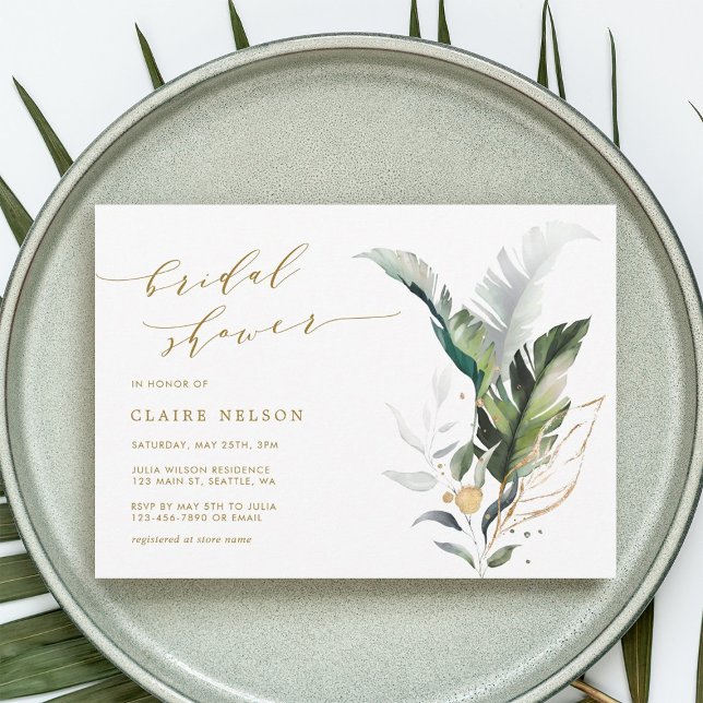 Invitación Acuarela tropical deja ducha de novia dorada (Subido por el creador)