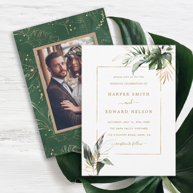 Invitación Acuarela tropical deja foto Boda de oro (Subido por el creador)