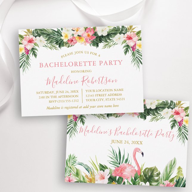 Invitación Acuarela Tropical Flamingo Bachelorette (Customize to change text color or text style.)