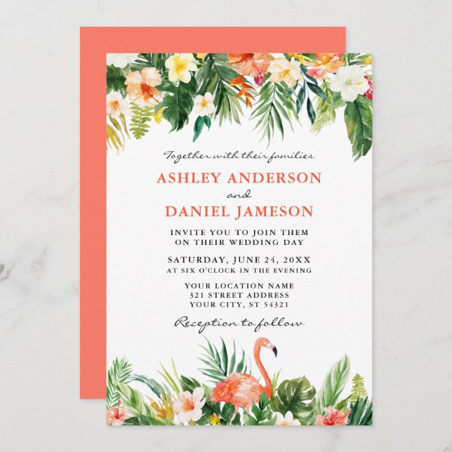 Invitación Acuarela Tropical Flamingo Boda Coral (Anverso / Reverso)