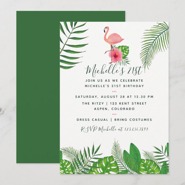 Invitación Acuarela tropical Flamingo rosa 21º cumpleaños (Anverso / Reverso)