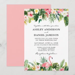 Invitación Acuarela Tropical Floral Flamingo Boda Rosa