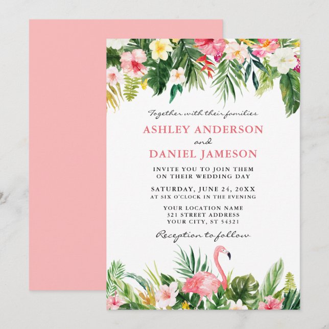 Invitación Acuarela tropical Floral Flamingo Boda rosa (Anverso / Reverso)