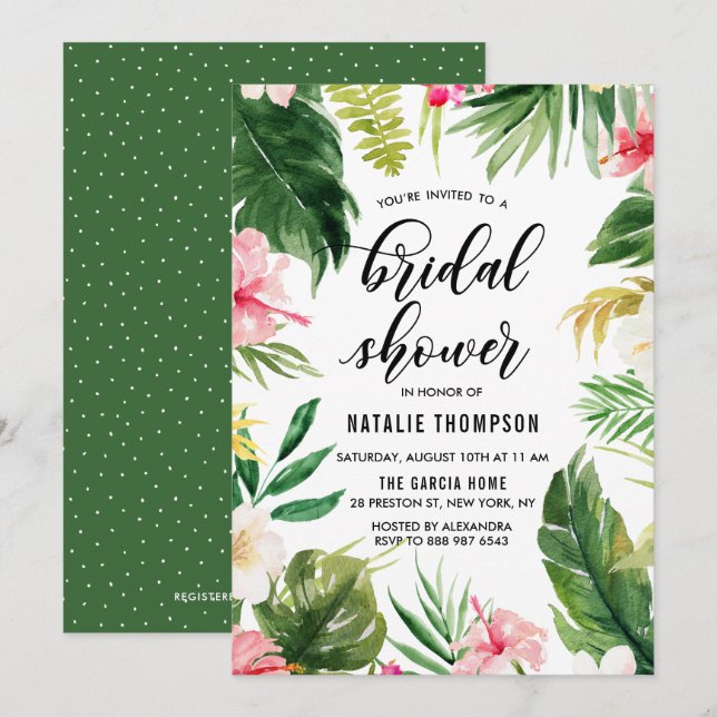 Invitación Acuarela Tropical Floral Frame Brillante Ducha (Anverso / Reverso)
