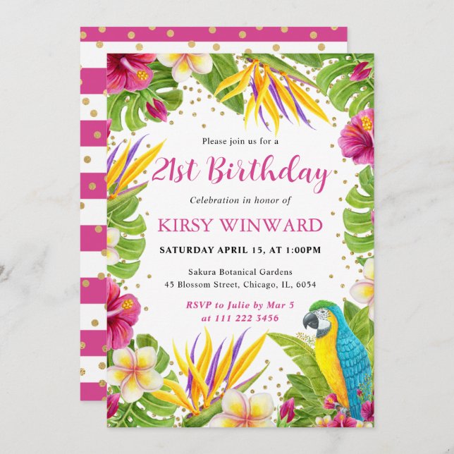 Invitación Acuarela Tropical Floral Frame Parrot Cumpleaños (Anverso / Reverso)
