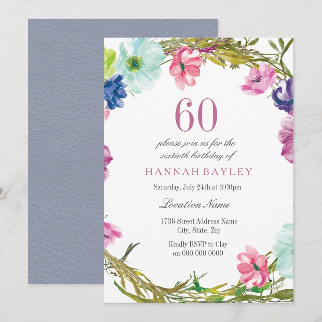 Invitación Acuarela tropical floral Invite a cumplir 60 años (Anverso / Reverso)