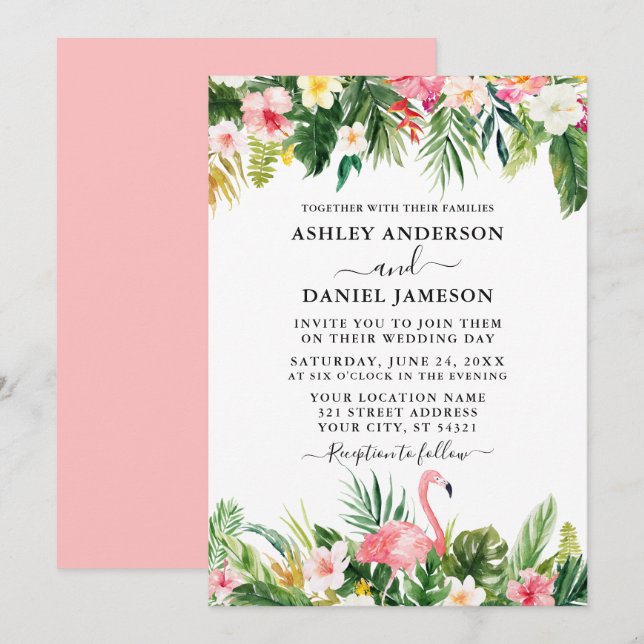 Invitación Acuarela Tropical Floral Rosa Flamingo Boda (Anverso / Reverso)