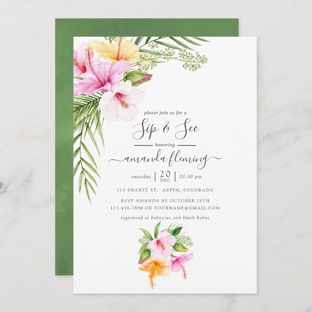 Invitación Acuarela Tropical Floral Sip y Ver (Anverso / Reverso)