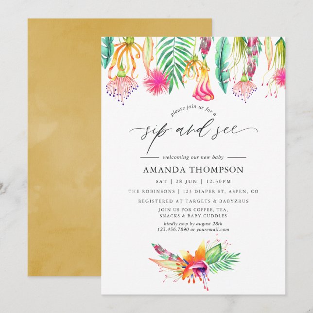 Invitación Acuarela Tropical Floral Sip y Ver (Anverso / Reverso)
