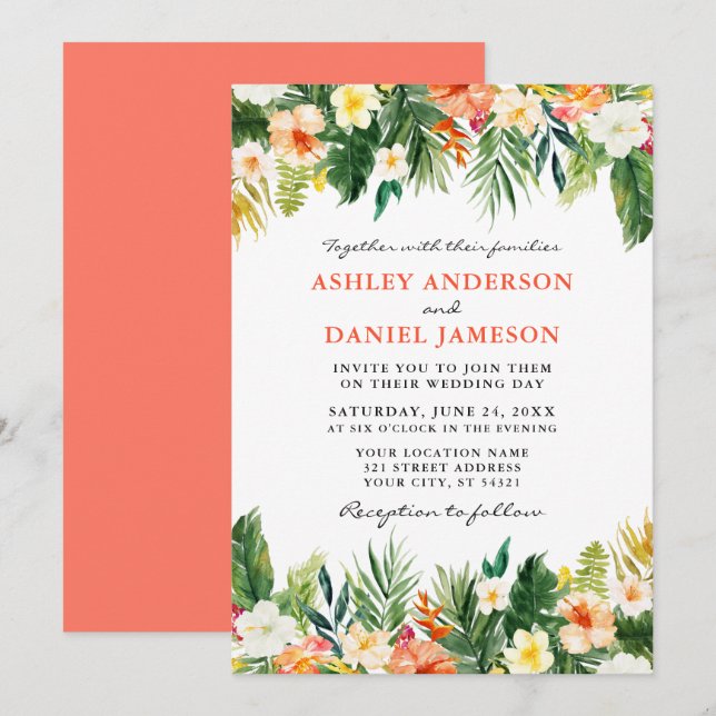Invitación Acuarela Tropical Floral Verdor Boda Coral (Anverso / Reverso)