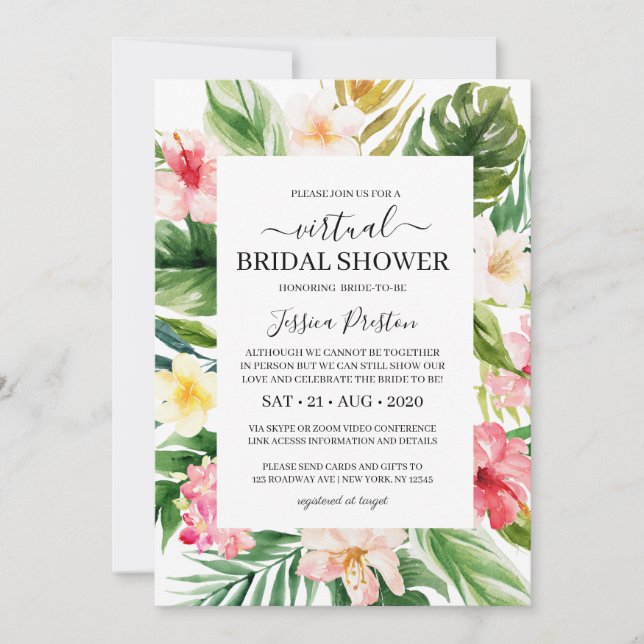 Invitación Acuarela Tropical Floral Virtual Bridal Shower (Anverso)