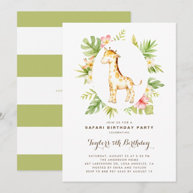 Invitación Acuarela tropical Giraffe Safari Niños Cumpleaños (Anverso / Reverso)