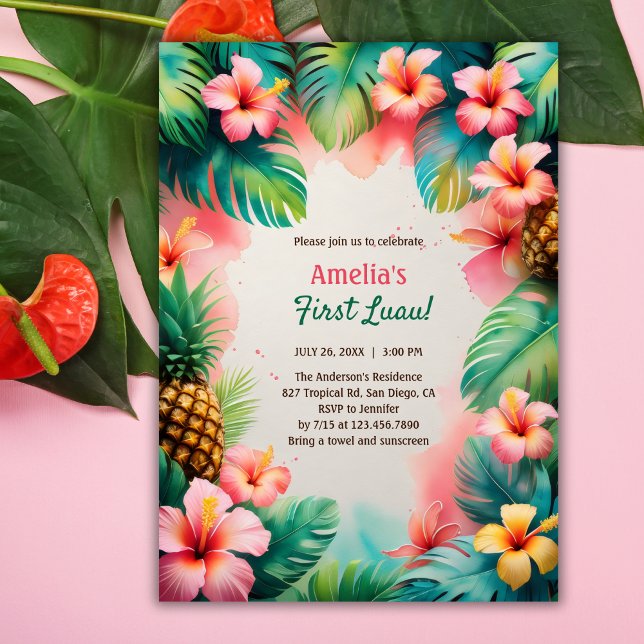 Invitación Acuarela tropical Hawái Primer cumpleaños de Luau (First Luau Birthday Invitation – Tropical Hawaiian Party for Baby Girl Invitation)