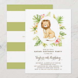 Invitación Acuarela tropical León Safari Niños Cumpleaños