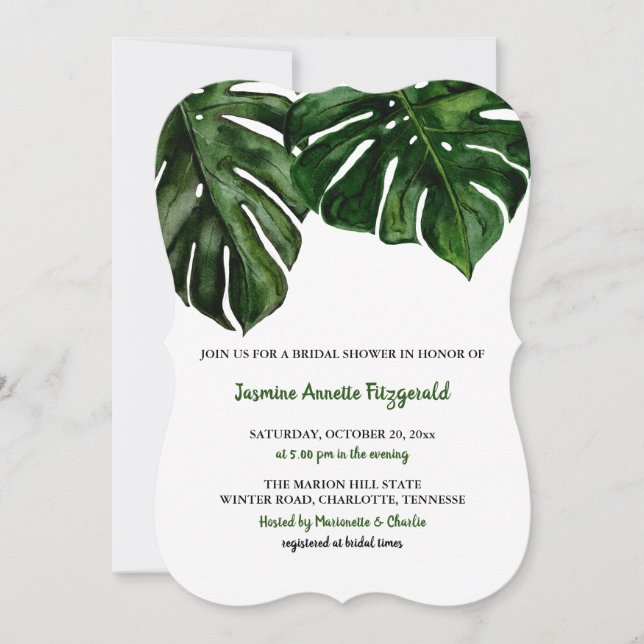 Invitación Acuarela Tropical Monstera Verde | Bridal Shower (Anverso)