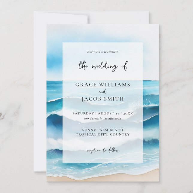 Invitación Acuarela Tropical Ocean Beach Wedding (Anverso)