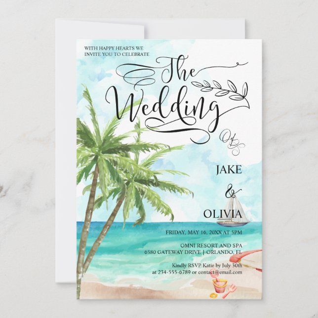 Invitación Acuarela Tropical Palm Tree Beach Wedding (Anverso)