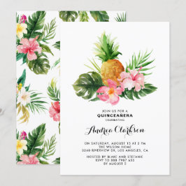 Invitación Acuarela Tropical Pineapple Floral Quinceanera