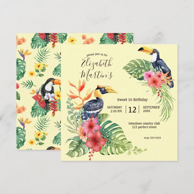 Invitación Acuarela tropical Toucan & Hibiscus Cumpleaños (Anverso / Reverso)