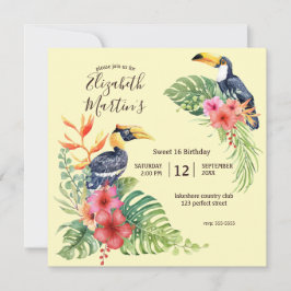 Invitación Acuarela tropical Toucan & Hibiscus Cumpleaños