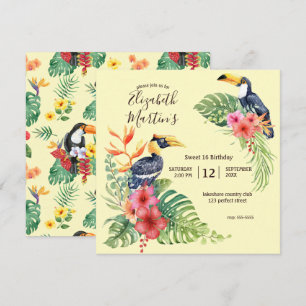 Invitación Acuarela tropical Toucan & Hibiscus Cumpleaños