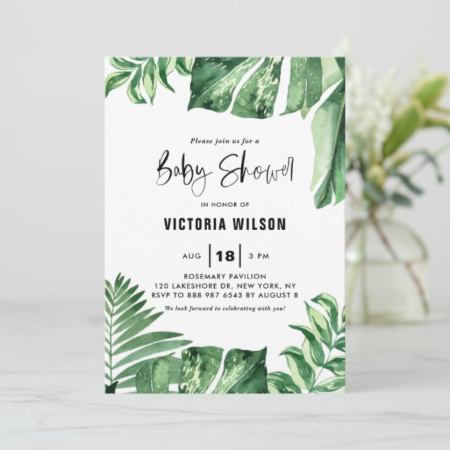 Invitación Acuarela Tropical Variegated deja Baby Shower (Anverso de pie)