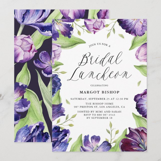 Invitación Acuarela Tulipanes Púrpura Floral Bridal Luncheon (Anverso / Reverso)