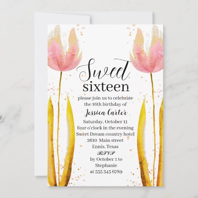 Invitación Acuarela Tulipanes Rosa Dulce Floral 16 Dieciséis (Anverso)