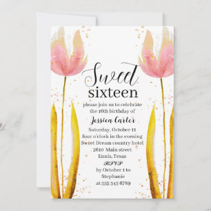 Invitación Acuarela Tulipanes Rosa Dulce Floral 16 Dieciséis