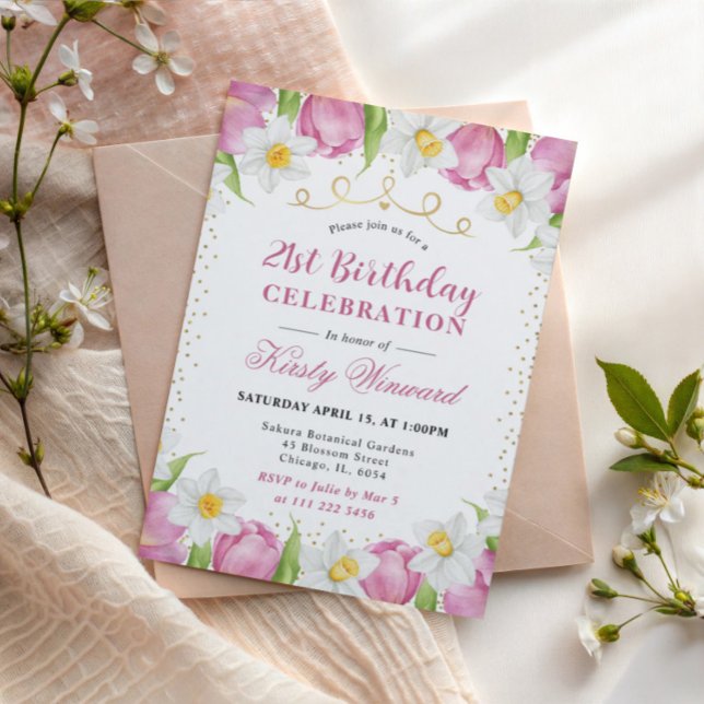 Invitación Acuarela Tulipanes rosados y Daffodils Cumpleaños (Subido por el creador)