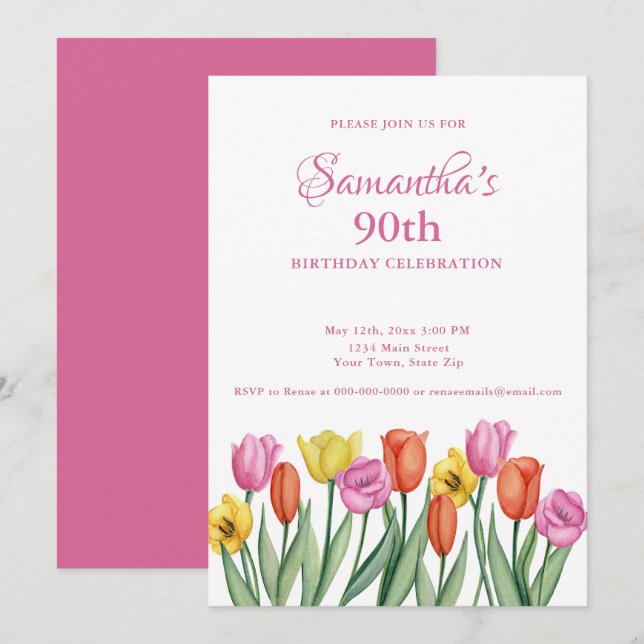 Invitación Acuarela Tulips 90ª fiesta de cumpleaños (Anverso / Reverso)
