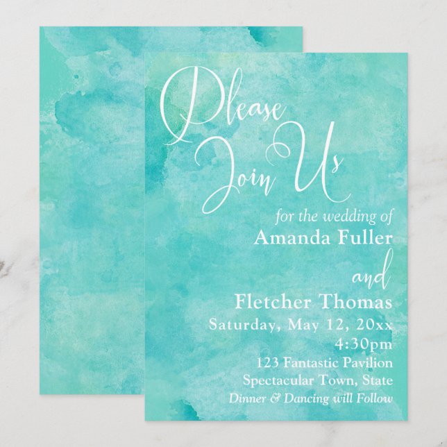 Invitación Acuarela turquesa elegante tipografía Boda 2 (Anverso / Reverso)