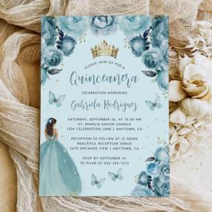 Invitación Acuarela Turquesa Floral Princesa Quinceañera