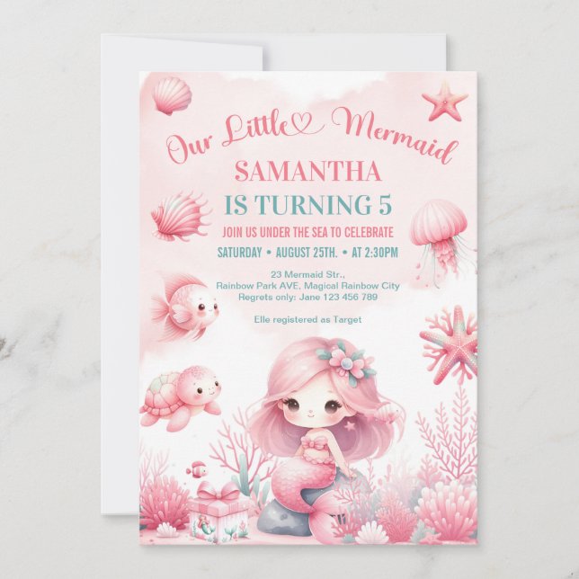 Invitación Acuarela turquesa rosa sirena cualquier cumpleaños (Anverso)