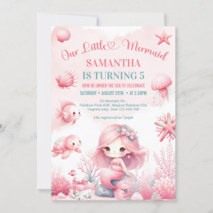 Invitación Acuarela turquesa rosa sirena cualquier cumpleaños