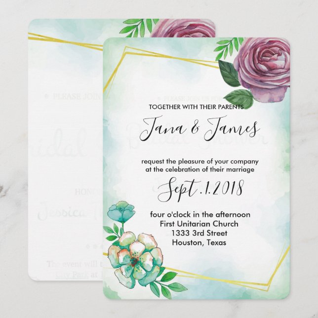 Invitación Acuarela turquesa y boda floral púrpura (Anverso / Reverso)