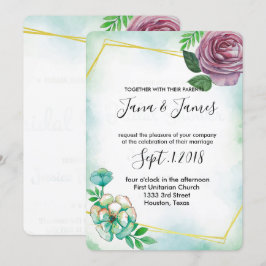 Invitación Acuarela turquesa y boda floral púrpura