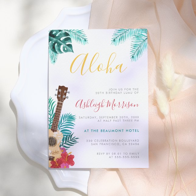 Invitación Acuarela Ukulele | Fiesta de Cumpleaños Tropical L (Subido por el creador)