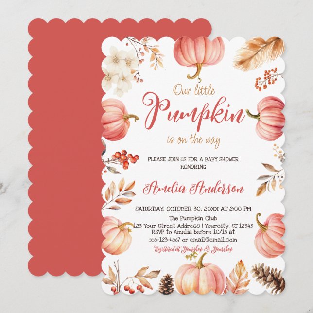 Invitación Acuarela Un Pequeño Calabaza Cae Chica Baby Shower (Anverso / Reverso)